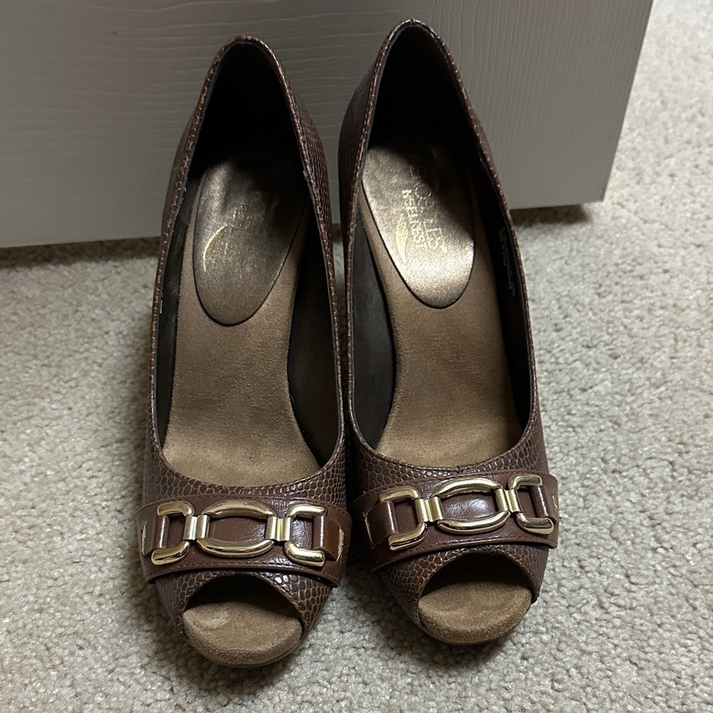 AEROSOLES Brown Peep-Toe Heels with Gold Chain Accent